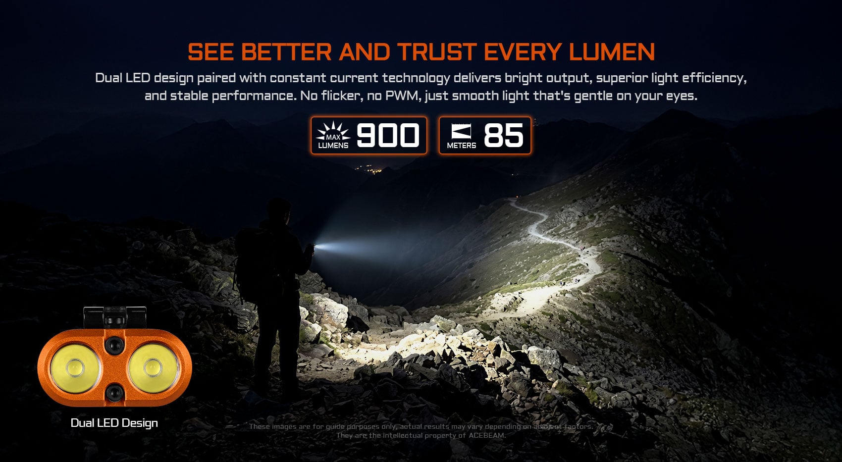 Acebeam UC3A flashlight with dual LED design, providing 900 lumens and 85 meters beam distance for clear night vision.