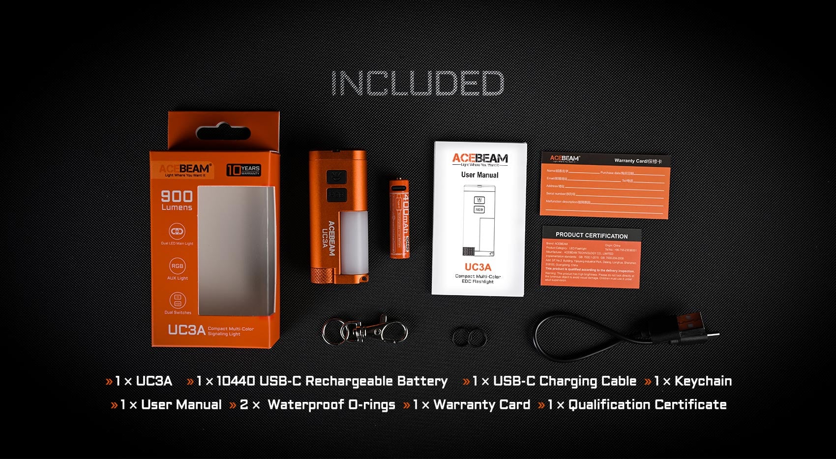 Acebeam UC3A flashlight, packaging, 10440 battery, USB-C cable, keychain, manual, and warranty card.