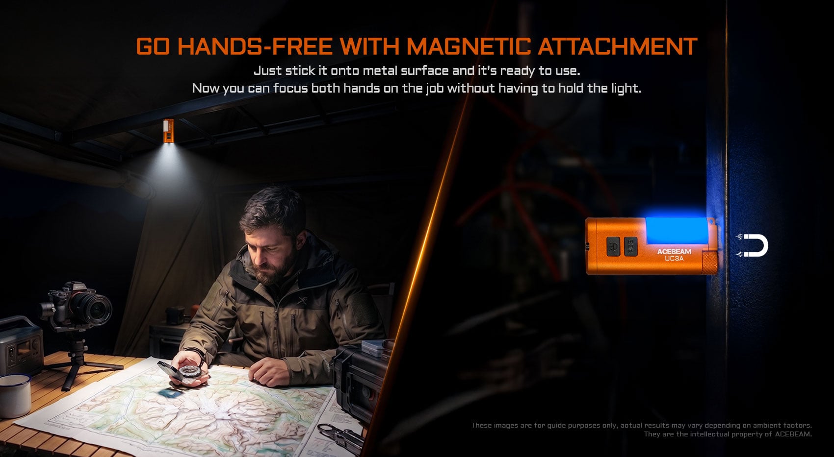 Man reading a map with Acebeam UC3A flashlight magnetically attached overhead, providing hands-free illumination.