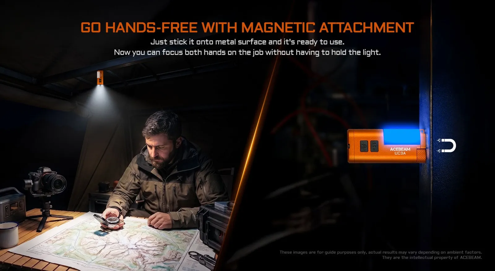 Man reading a map with the Acebeam UC3A - Compact EDC Light with RGB Signals magnetically attached to a metal surface for hands-free illumination.