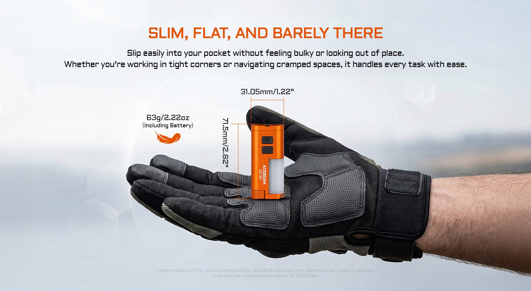 Hand holding the slim and compact Acebeam UC3A flashlight, showing its small dimensions of 71.5mm x 31.05mm.