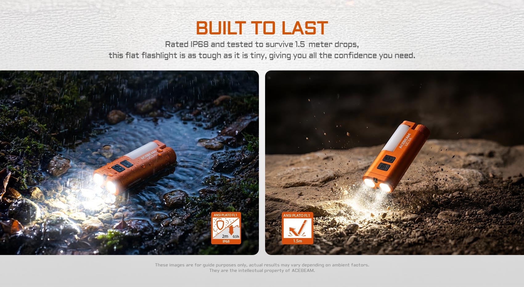 Acebeam UC3A flashlight demonstrating IP68 waterproof rating in water and 1.5-meter drop resistance on rocky ground.