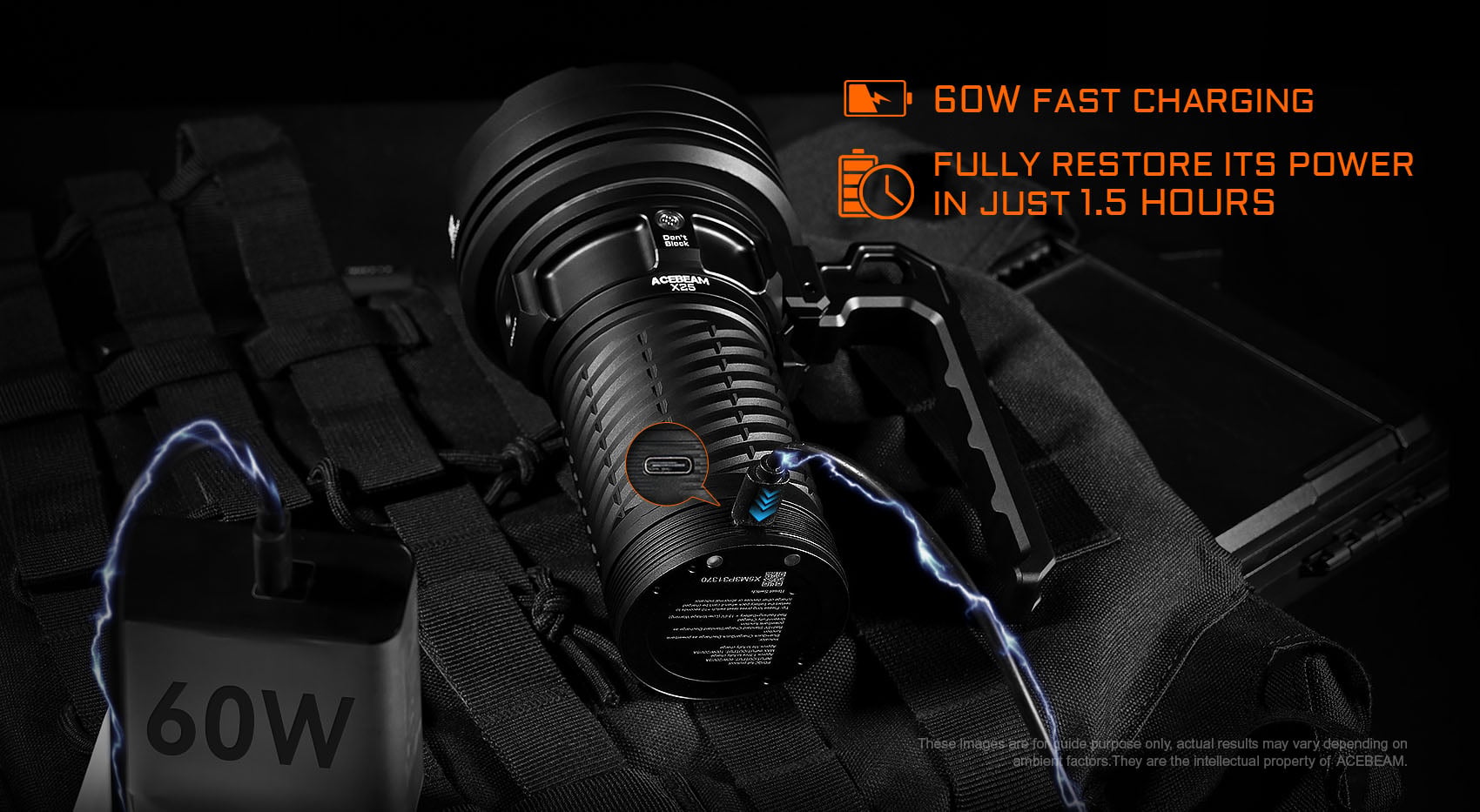 Acebeam X25 flashlight charging via USB-C, highlighting its 60W fast charging capability in 1.5 hours.