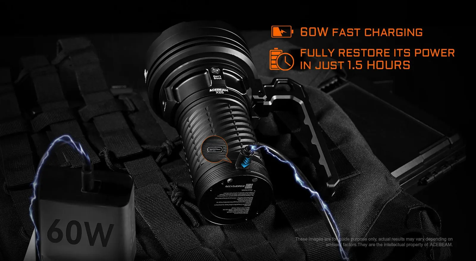 Acebeam X25 flashlight charging via USB-C with a 60W charger, highlighting 1.5-hour fast charging.