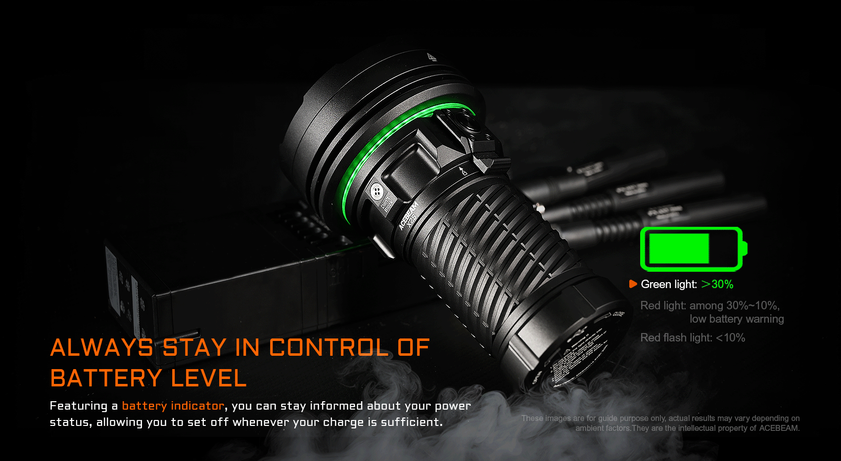 Acebeam X25 flashlight showing green battery indicator light, explaining battery level status.
