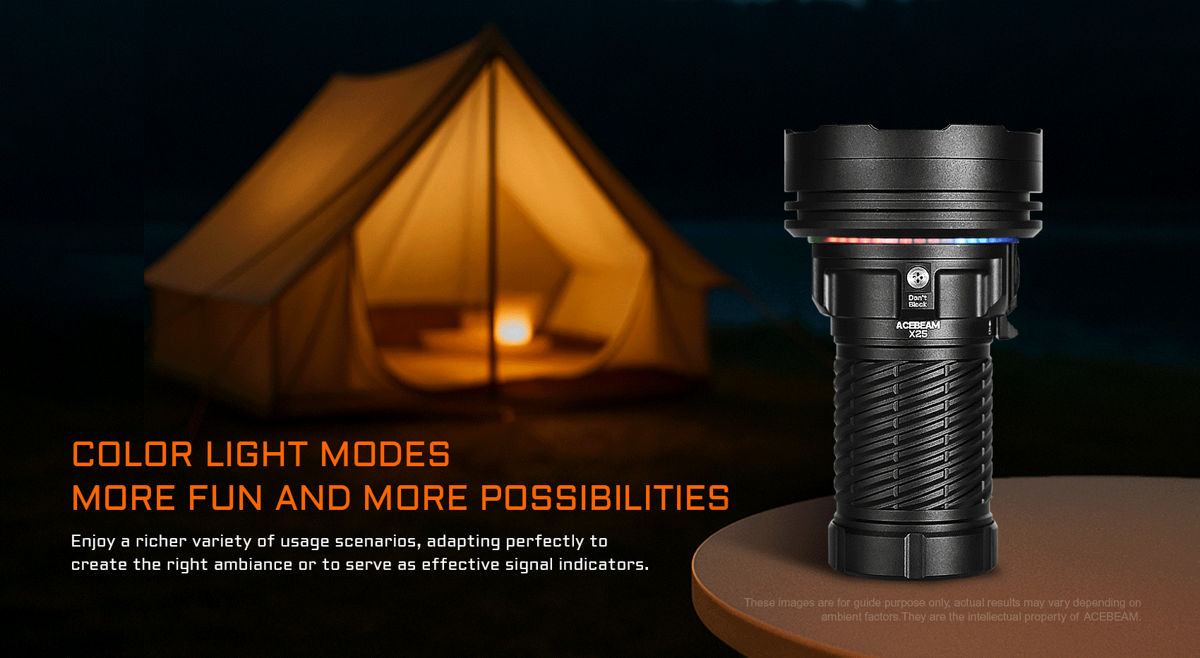 Acebeam X25 flashlight displaying color light modes next to a lit tent at night, for ambiance or signals.
