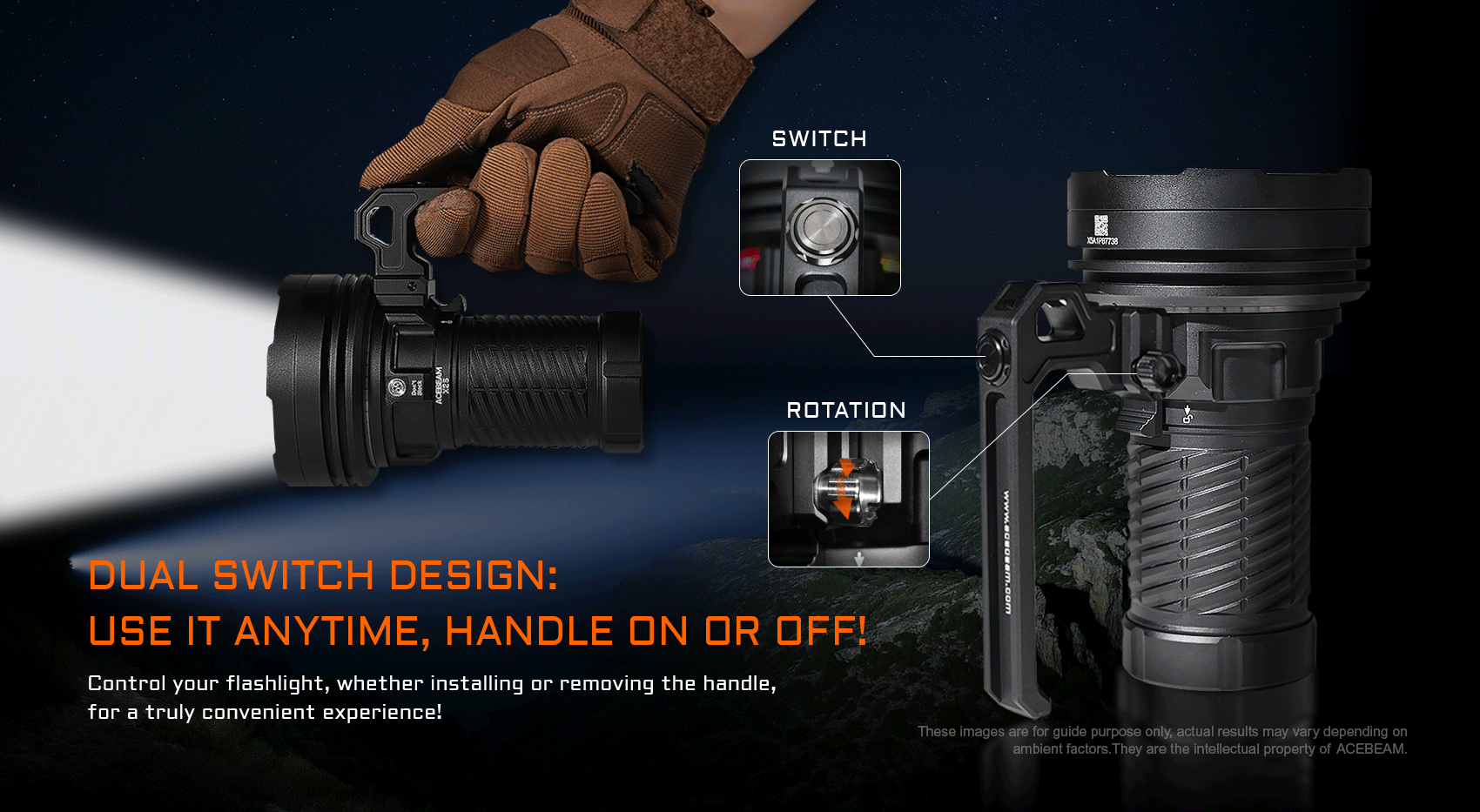 Acebeam X25 flashlight with detachable handle, showing dual switch design and rotation mechanism.