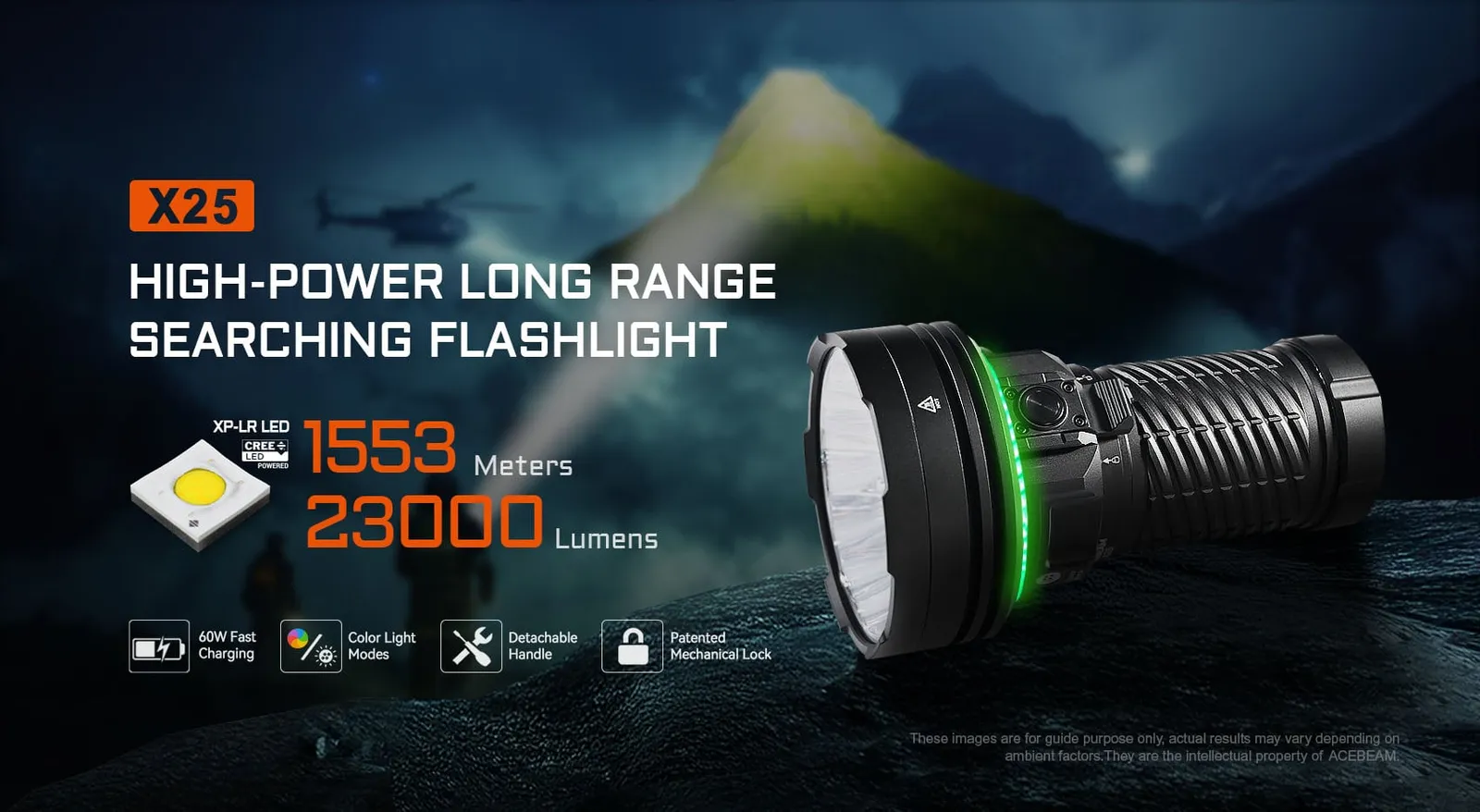 Acebeam X25 high-power long-range searching flashlight with 23000 lumens, 1553 meters throw, and key features.