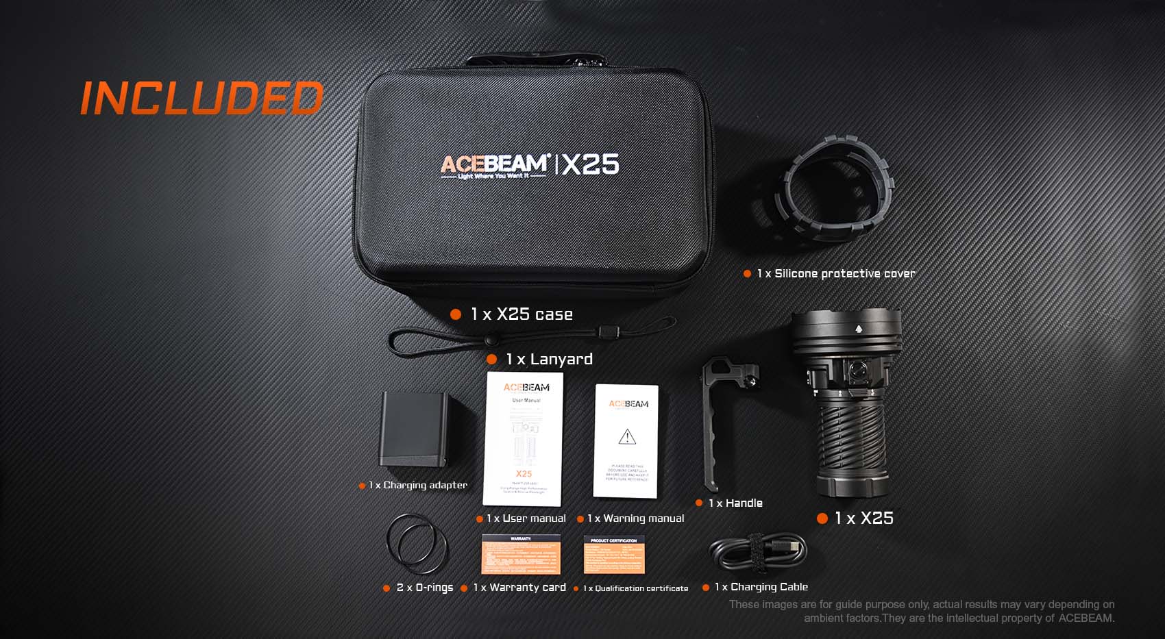 Acebeam X25 flashlight with all included accessories: case, handle, charging cable, manuals, and O-rings.