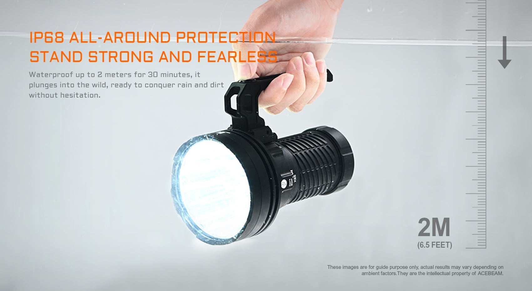 Acebeam X25 flashlight submerged in water, demonstrating its IP68 waterproof protection up to 2 meters.