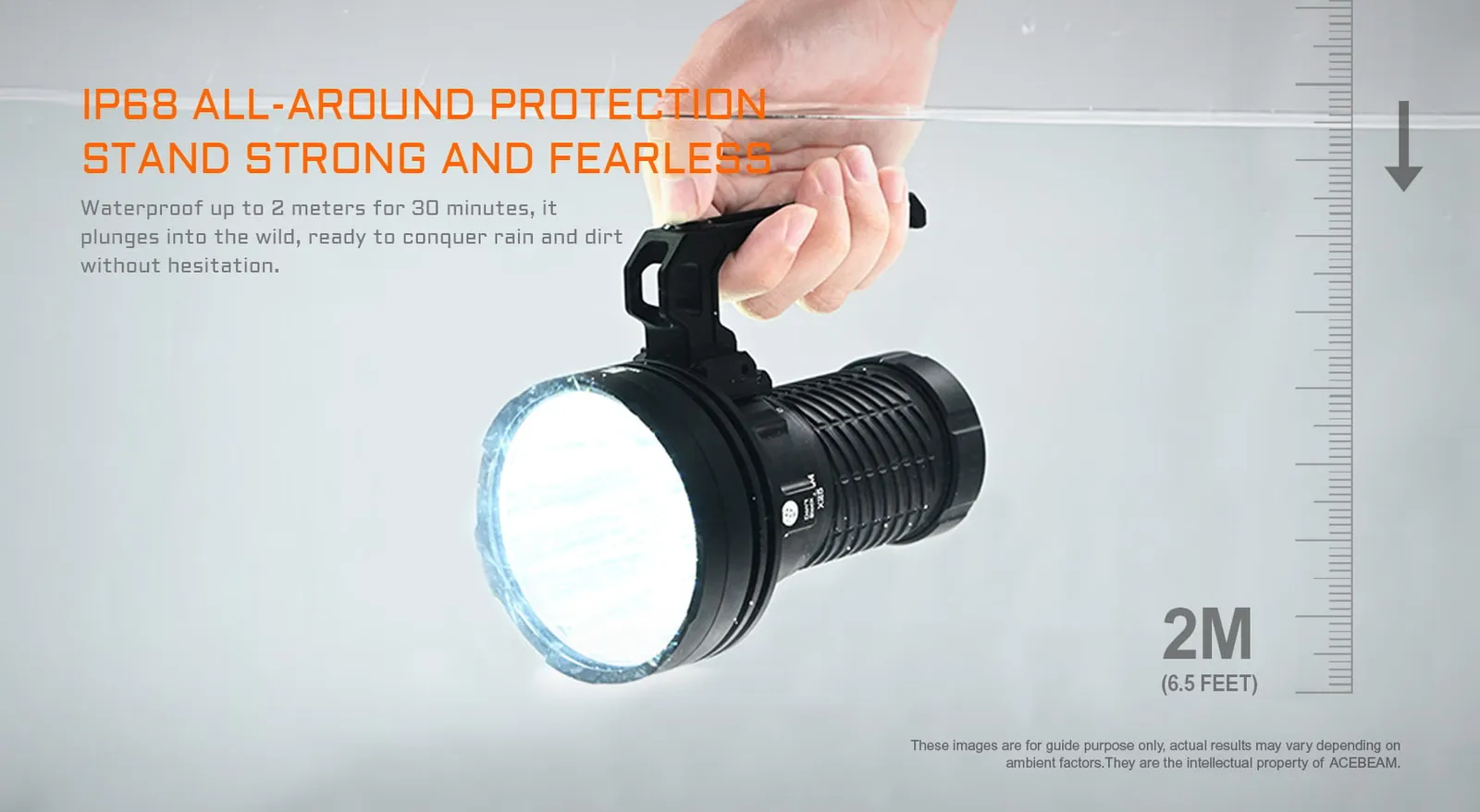 Acebeam X25 flashlight submerged in water, demonstrating its IP68 waterproof protection up to 2 meters.