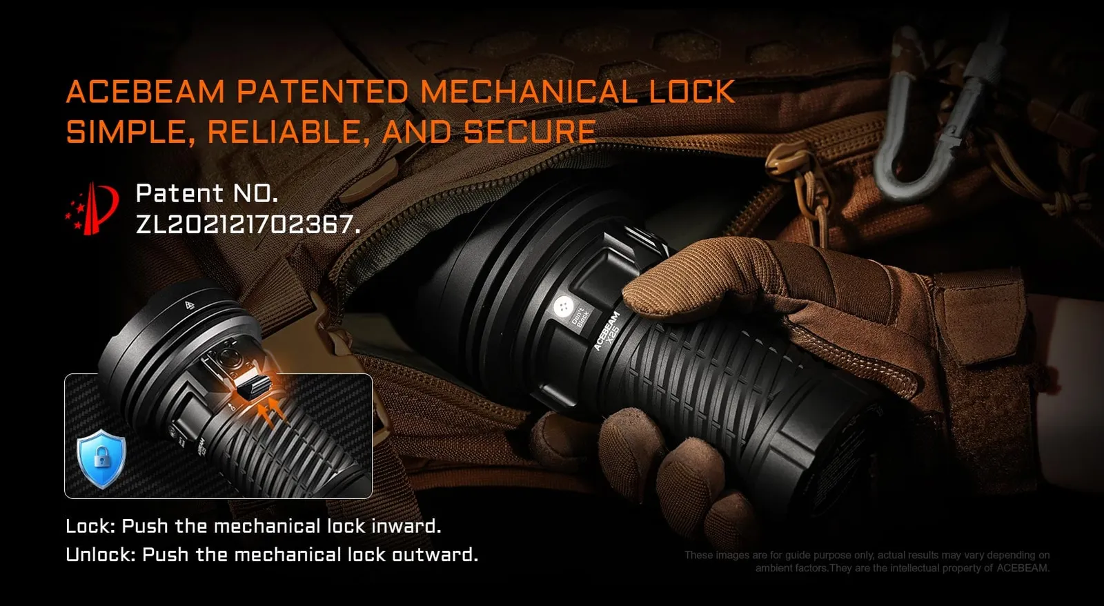 Acebeam X25 flashlight with patented mechanical lock, being secured in a bag to prevent accidental activation.