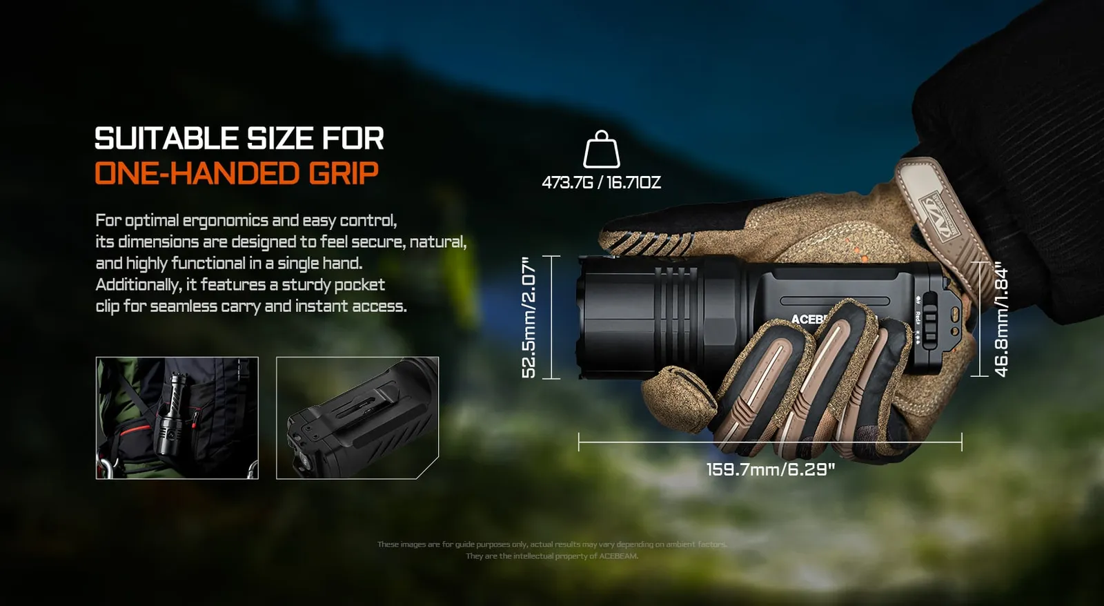 Hand holding Acebeam X30 flashlight with dimensions, illustrating its suitable size for one-handed grip and pocket clip.
