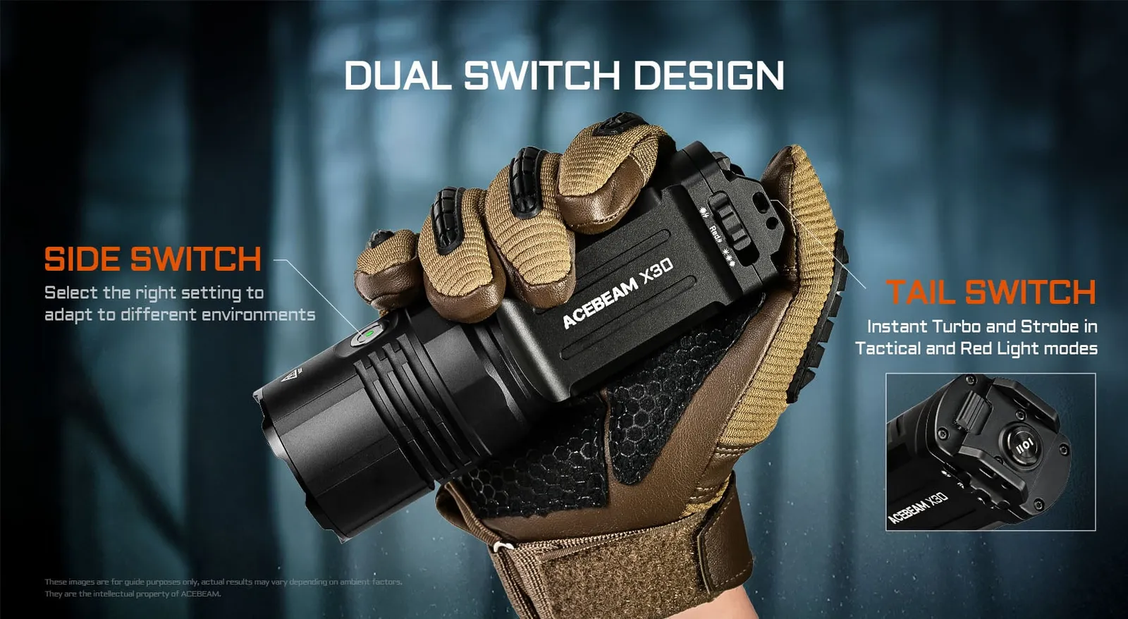 Hand holding the Acebeam X30 flashlight, showcasing its dual switch design with side and tail switches for control.