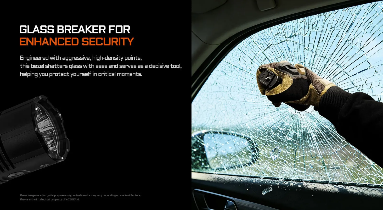 Acebeam X30 flashlight's bezel next to a shattered car window, demonstrating its glass breaker feature for security.
