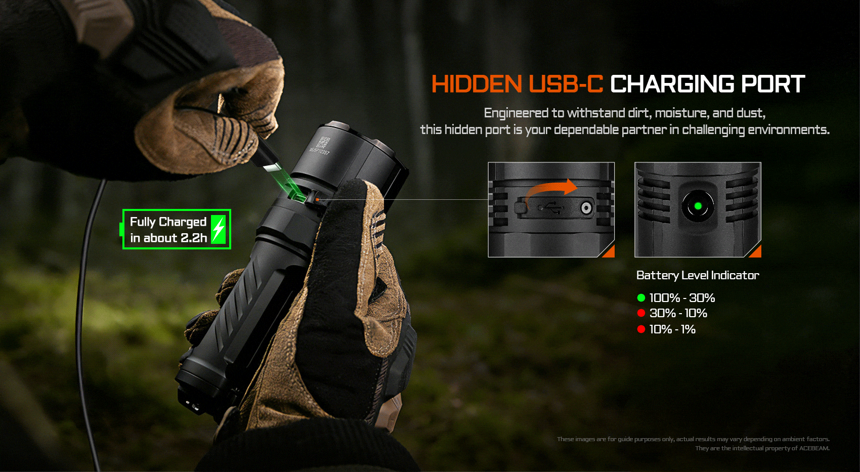 Acebeam X30 flashlight being charged via its hidden USB-C port, showing battery level indicator lights.