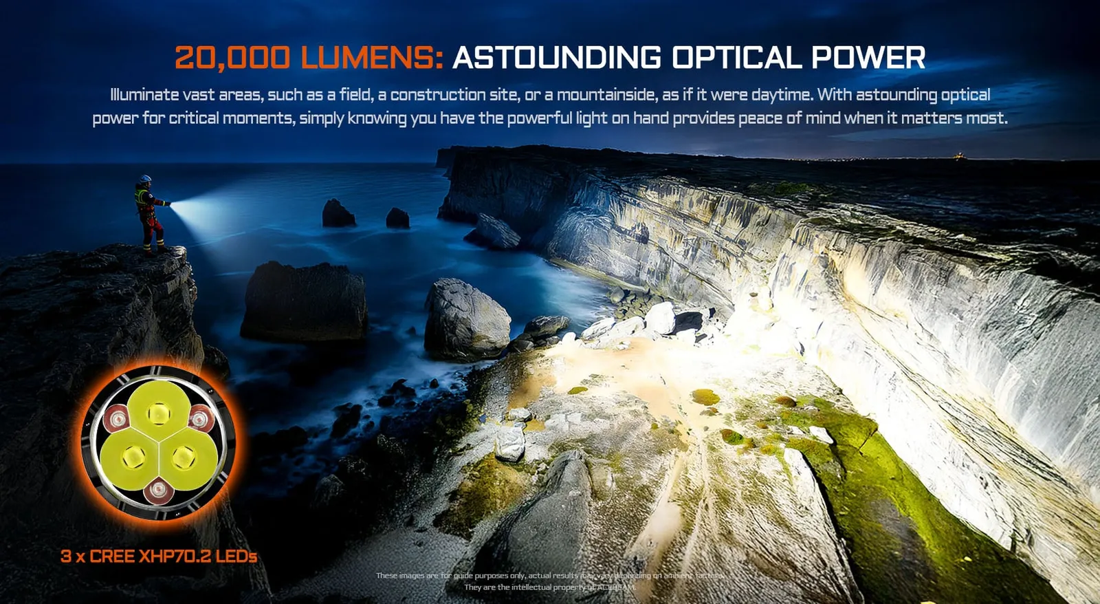 Acebeam X30 flashlight illuminating a vast coastline and ocean from a cliff, demonstrating its 20,000 lumens output.