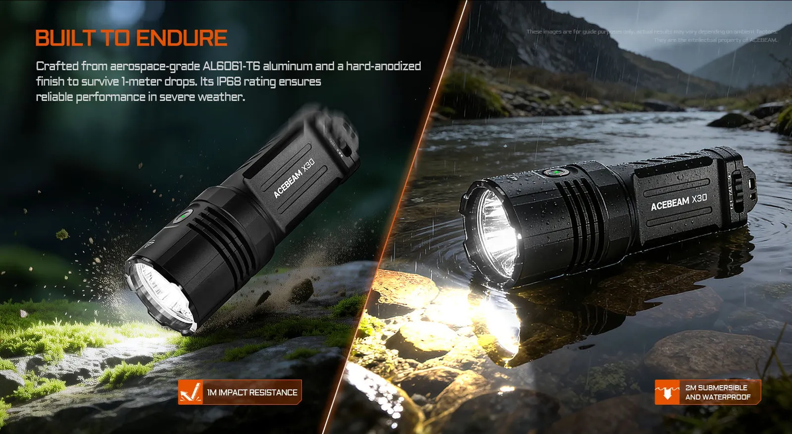 Acebeam X30 flashlight demonstrating 1m impact resistance on moss and 2m submersible waterproof capability in a stream.