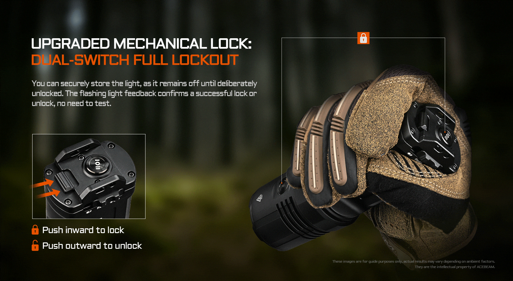 Hand demonstrating the upgraded mechanical lock and dual-switch full lockout feature on the Acebeam X30 tail switch.