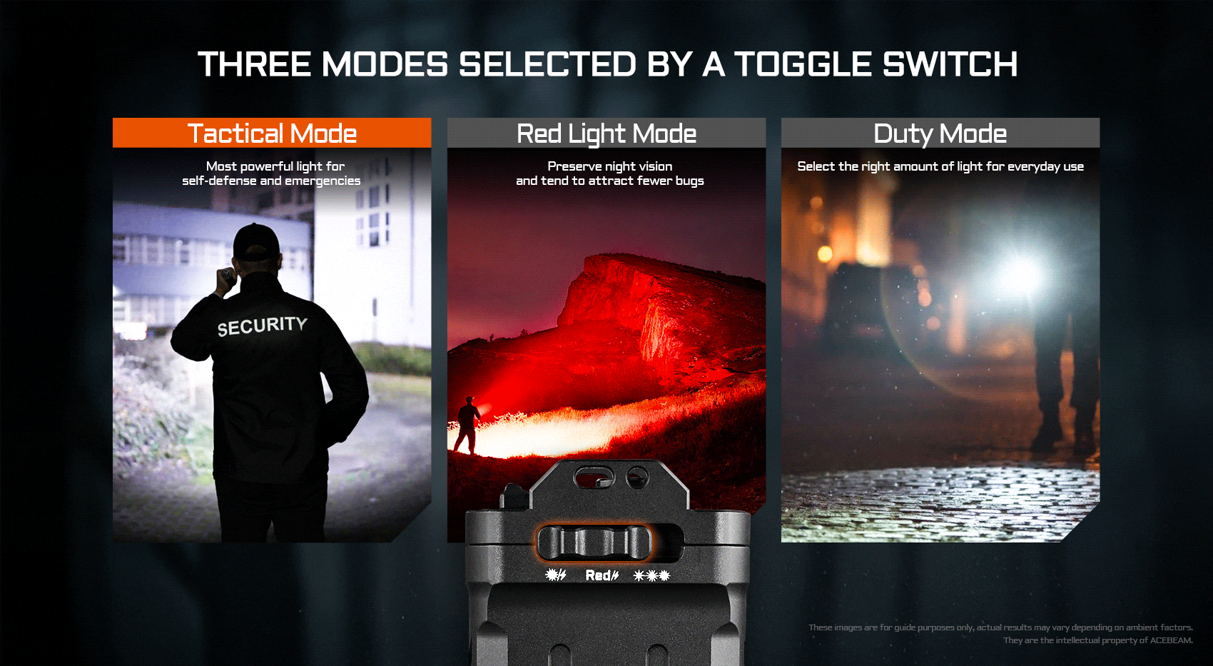 Acebeam X30 flashlight's three modes: Tactical, Red Light, and Duty, selected by a toggle switch, shown in use.