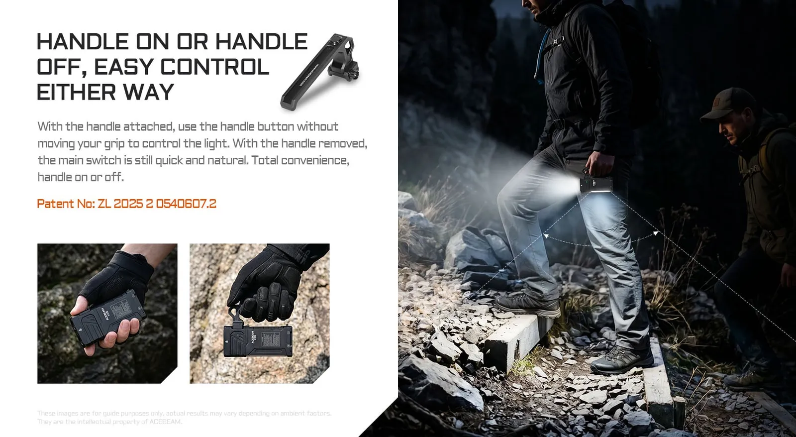 Acebeam X35 flashlight used with and without its handle, demonstrating easy control for different grip styles.