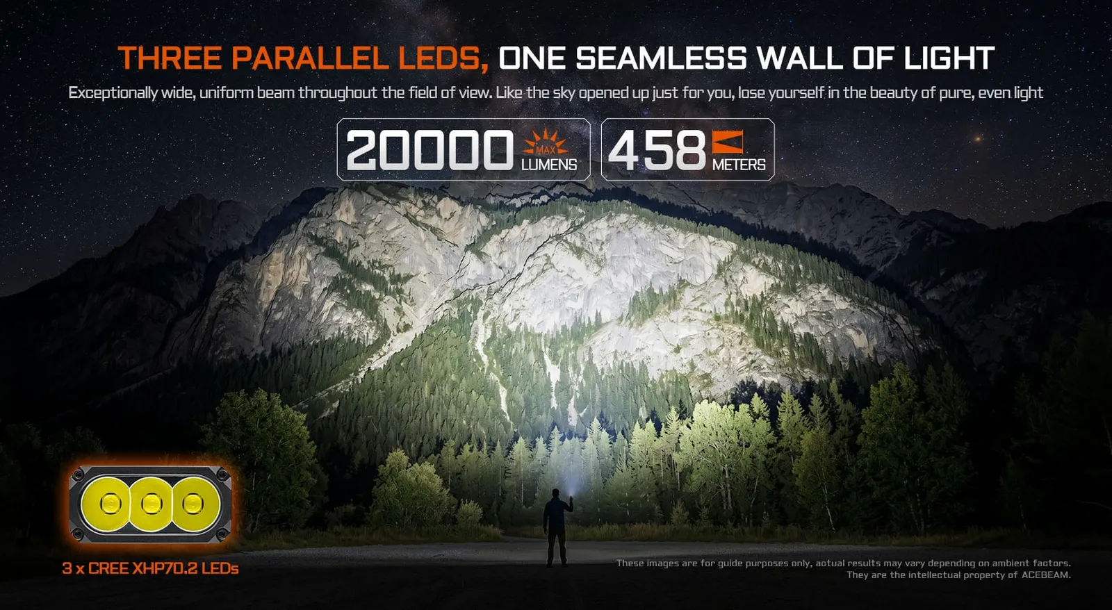 Acebeam X35 flashlight illuminating a mountain at night, showcasing its 20000 lumens and 458-meter throw.