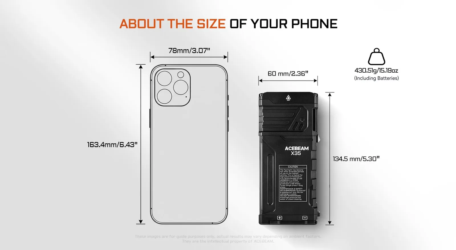 Infographic comparing Acebeam X35 flashlight dimensions and weight to a smartphone for scale.