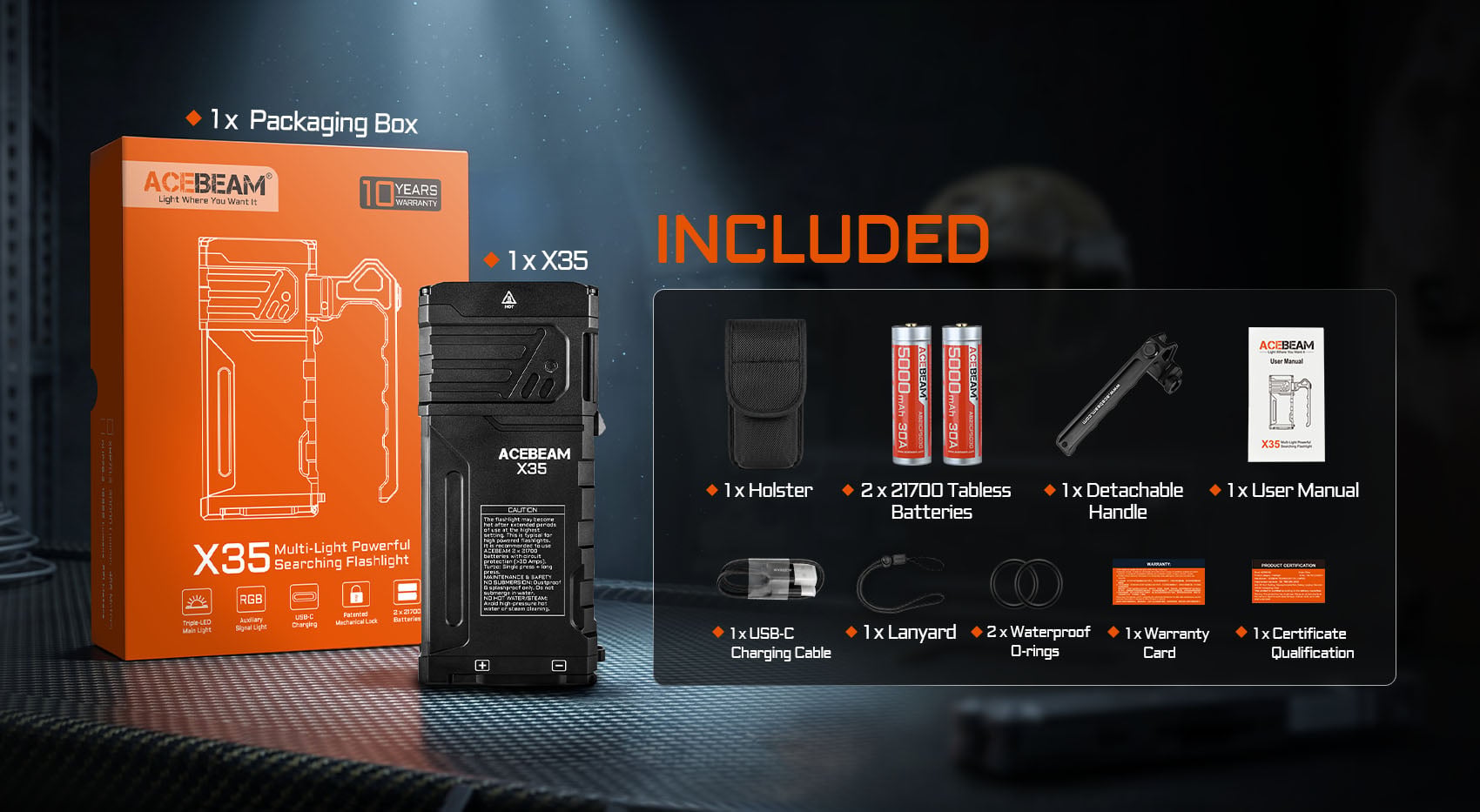Acebeam X35 packaging box and all included accessories: batteries, handle, holster, cable, manual.
