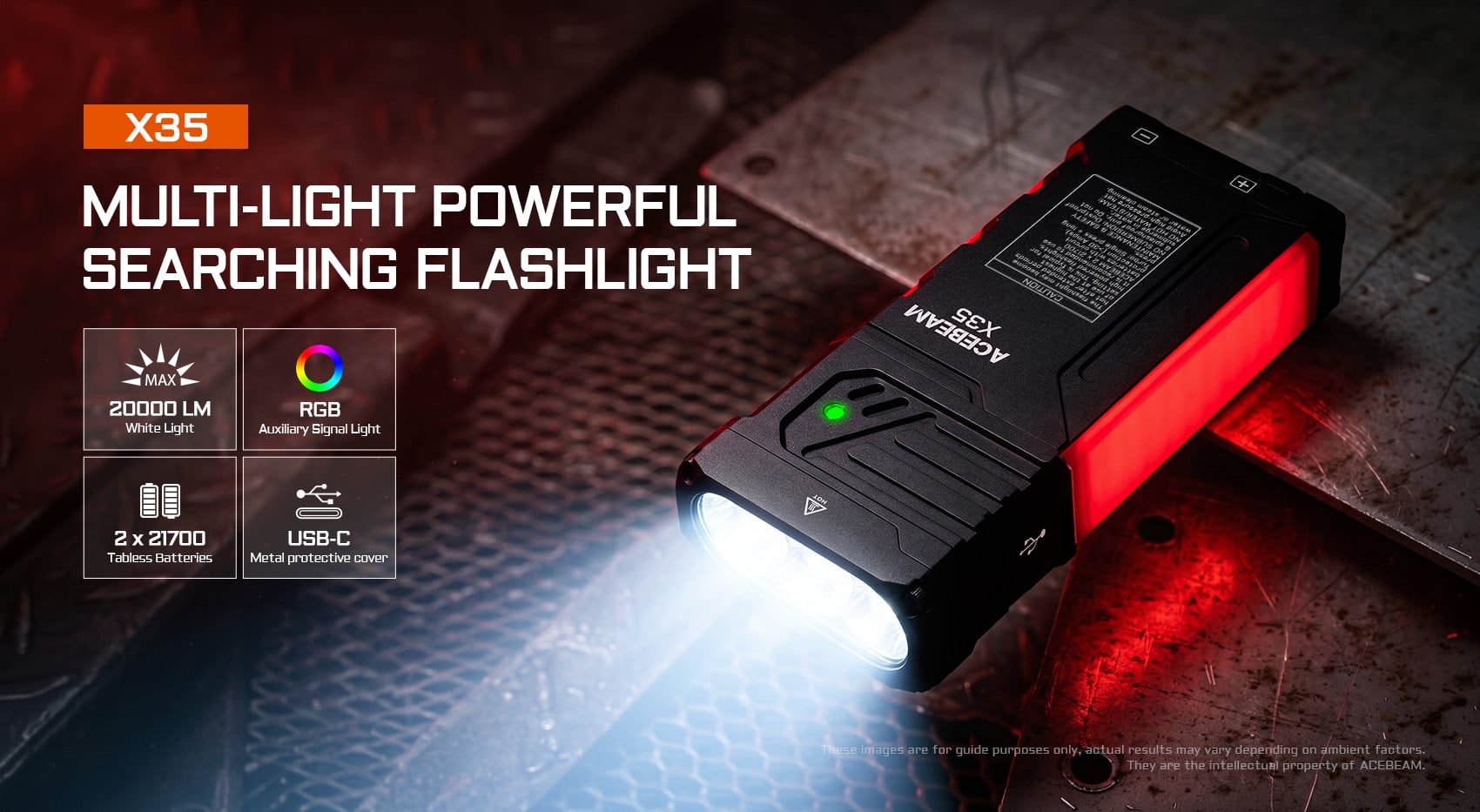 Acebeam X35 multi-light powerful searching flashlight emitting white and red light, showing key features.
