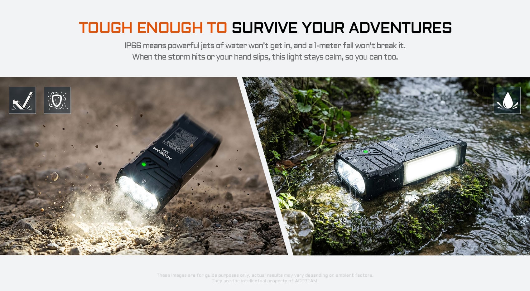 Acebeam X35 demonstrating its tough, durable, and IP66 waterproof design in outdoor conditions.
