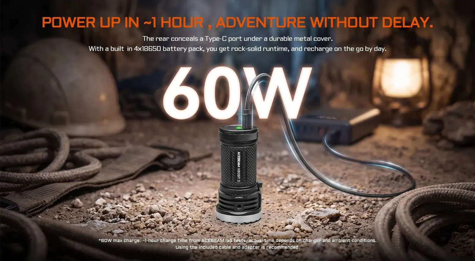 Acebeam X80GT 3 - 30000 Lumen High-power Exploration Flashlight charging with 60W fast charge via USB-C.