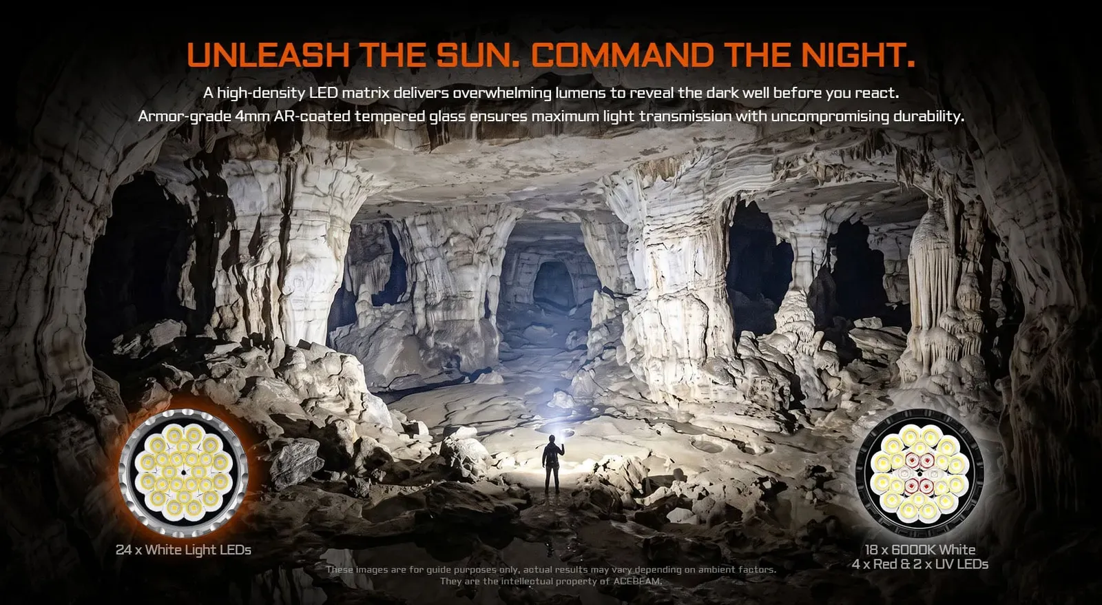 Acebeam X80GT 3 - 30000 Lumen High-power Exploration Flashlight illuminating a vast cave, showing white, red, and UV LEDs.