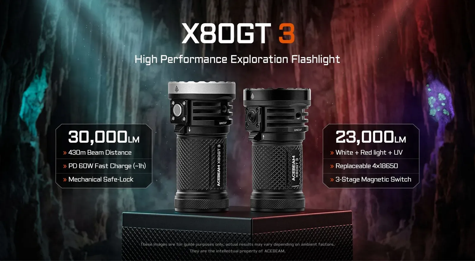 Acebeam X80GT 3 - 30000 Lumen High-power Exploration Flashlight models comparison, highlighting key features and lumens.