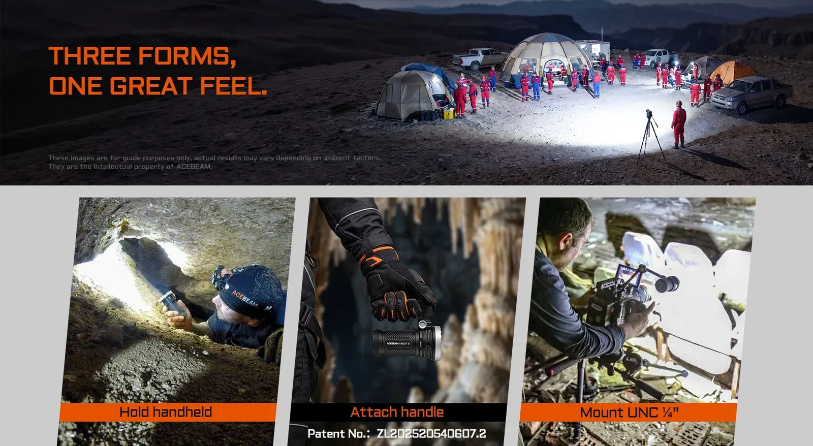 Acebeam X80GT 3 - 30000 Lumen High-power Exploration Flashlight in various use scenarios: handheld, handle, mounted.