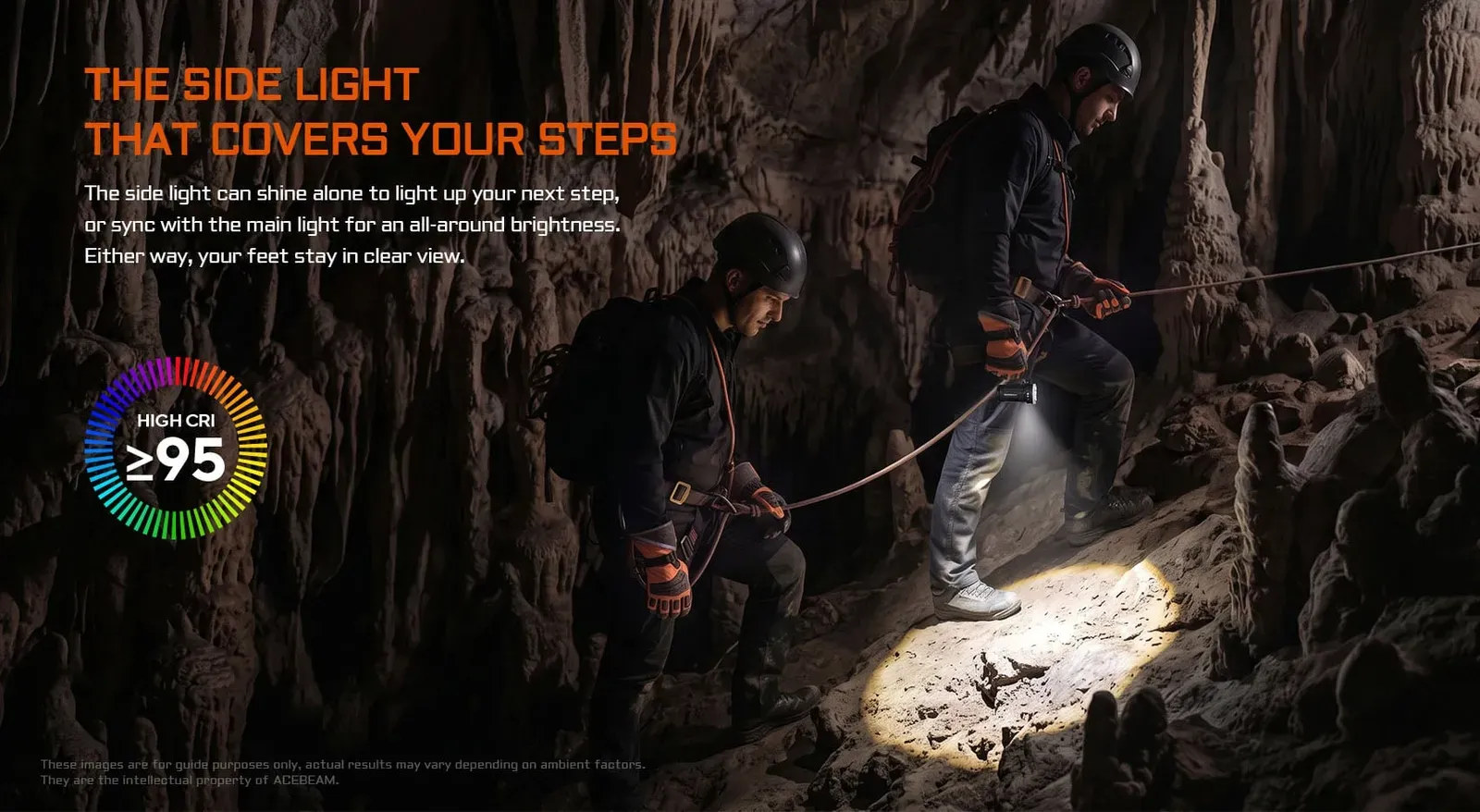 Acebeam X80GT 3 - 30000 Lumen High-power Exploration Flashlight side light illuminating steps in a cave, High CRI.