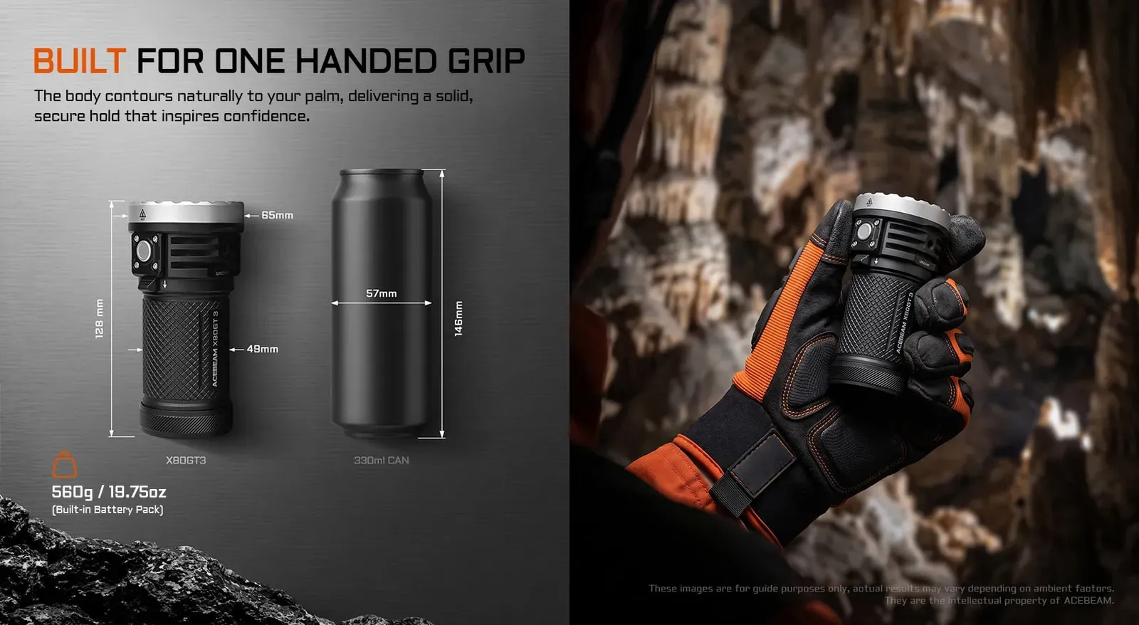 Acebeam X80GT 3 - 30000 Lumen High-power Exploration Flashlight size comparison with a can and ergonomic grip.
