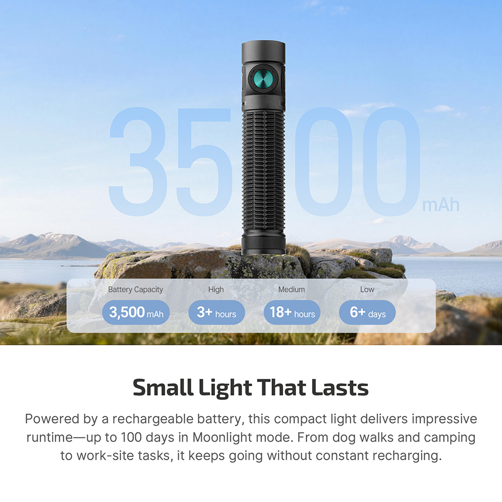 Olight Baton 4 Pro flashlight on a rock, showing 3,500 mAh battery capacity and long runtime.