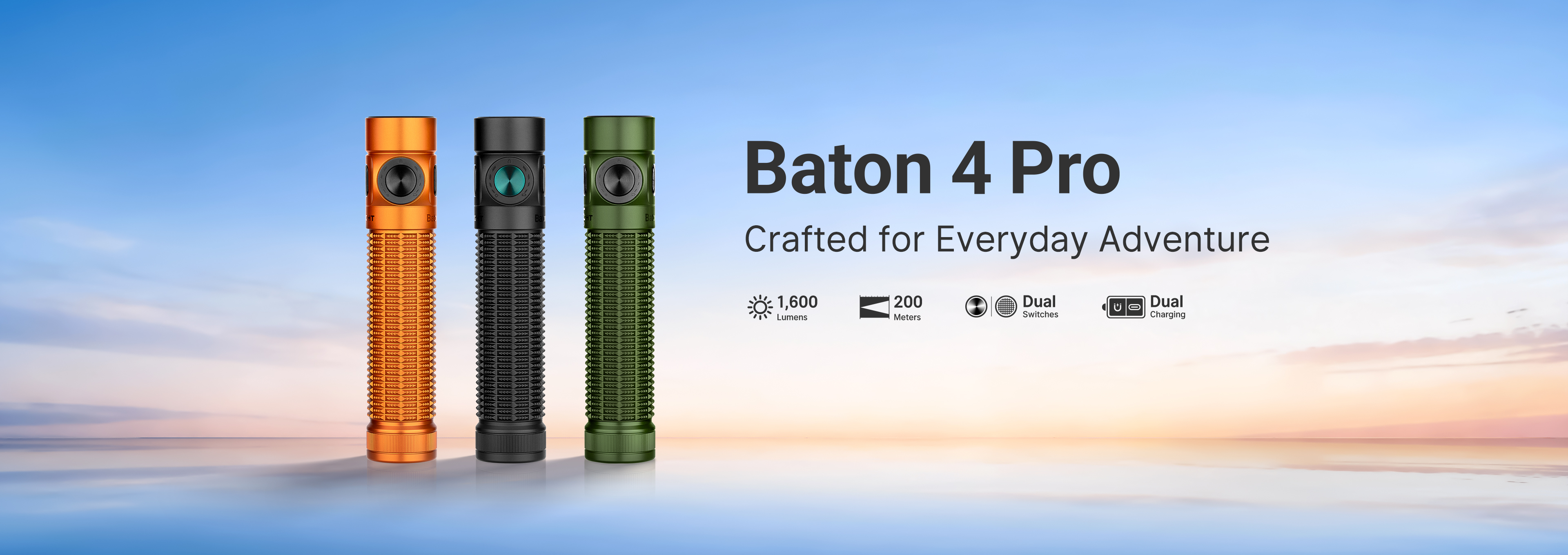 Three Olight Baton 4 Pro flashlights in orange, black, and green, highlighting 1,600 lumens and dual switches.
