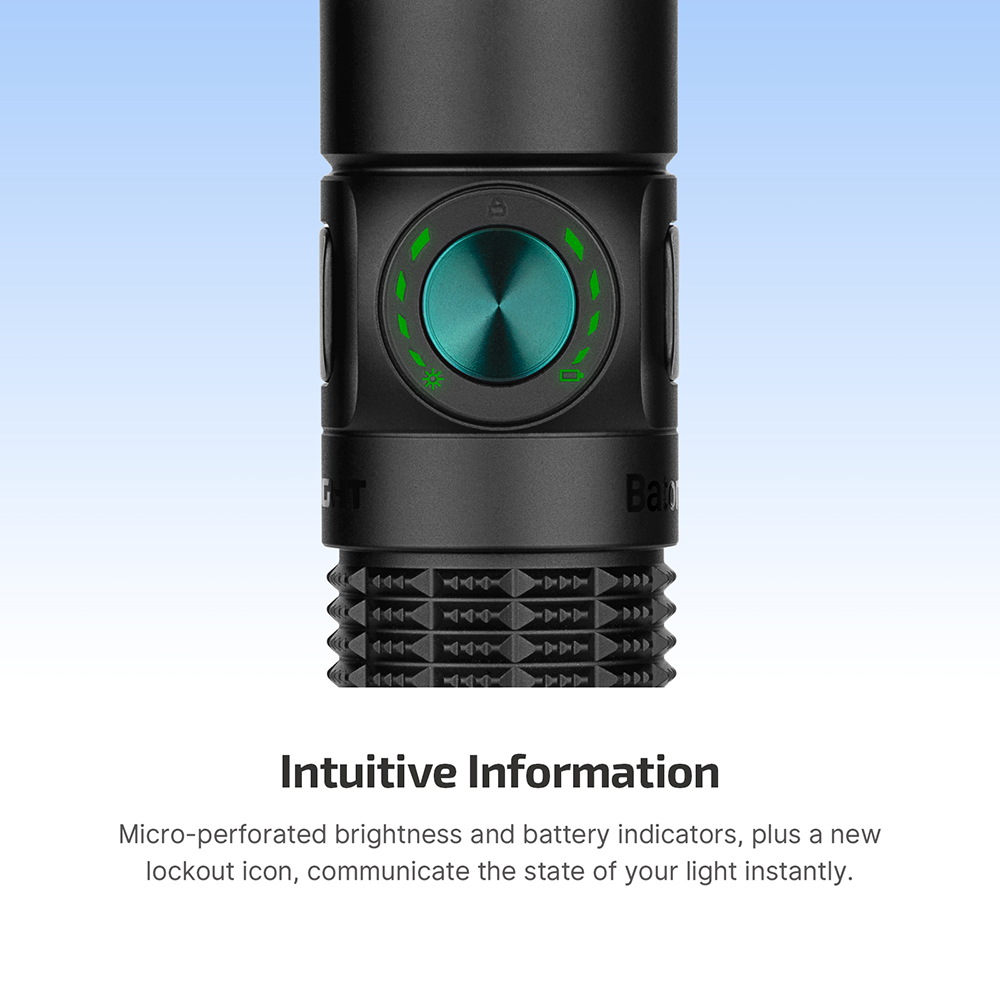 Close-up of the Olight Baton 4 Pro's side switch with illuminated battery and brightness indicators.