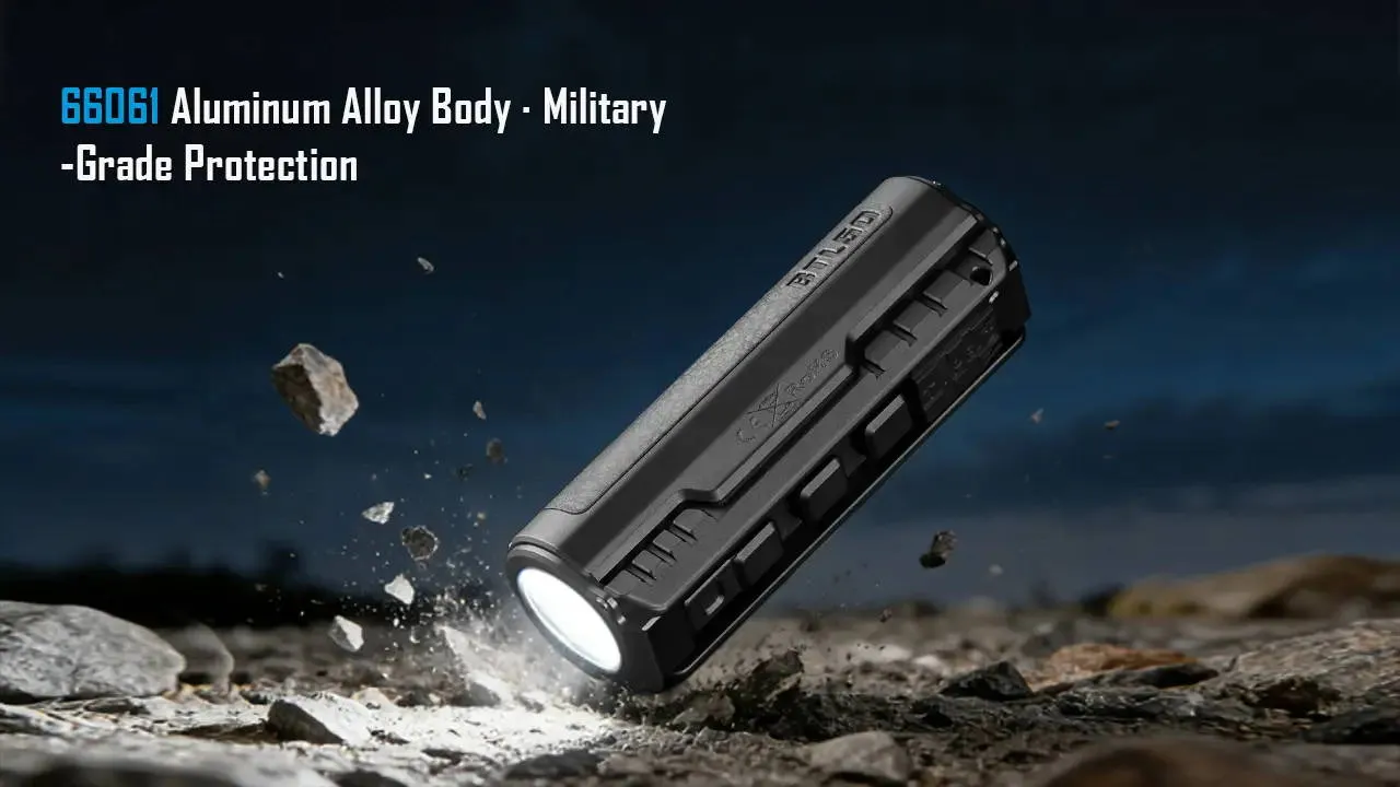 Imalent BTL50 flashlight on rocky terrain, demonstrating its 66061 aluminum alloy body and military-grade protection.