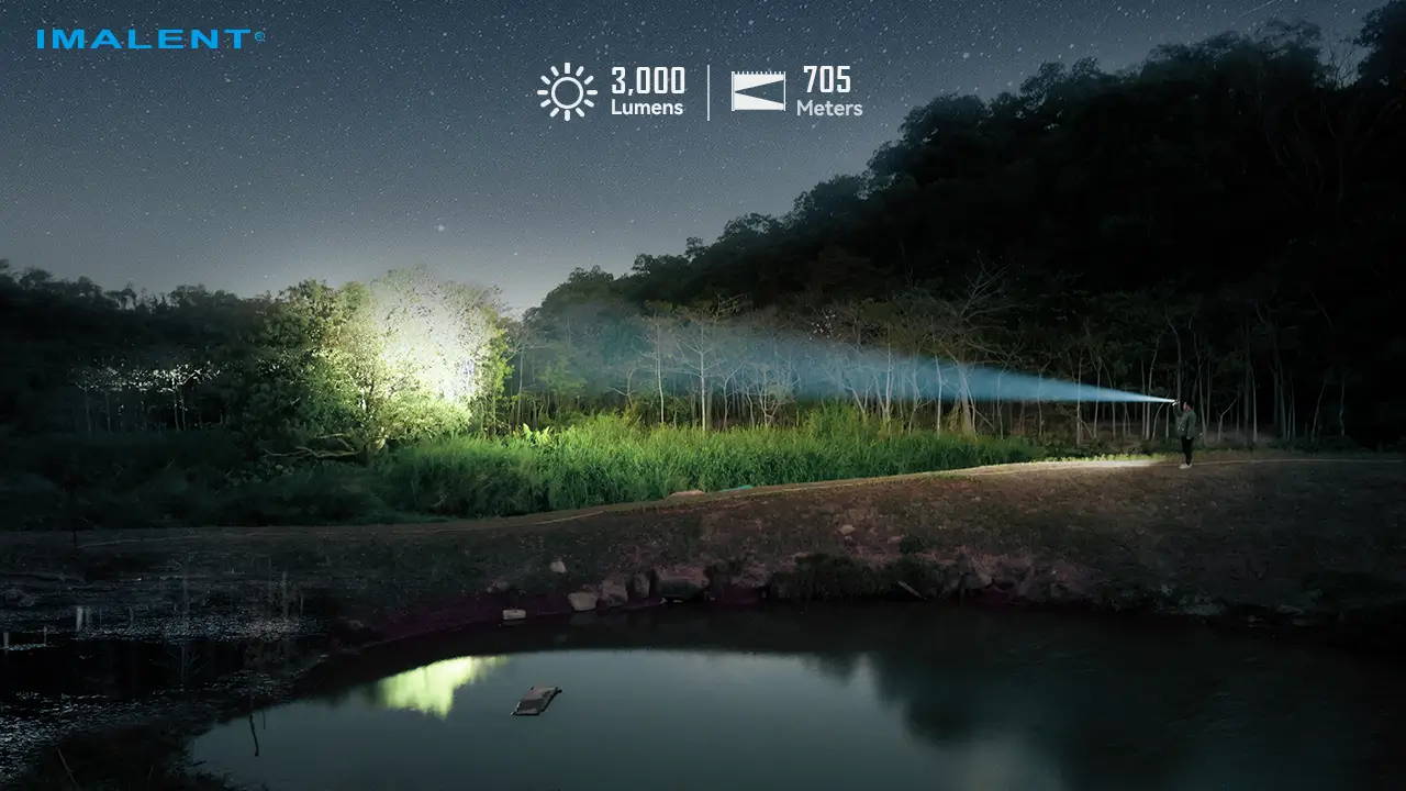 Imalent BTL50 flashlight illuminating a wide outdoor area at night, showcasing 3000 lumens and 705 meters beam distance.
