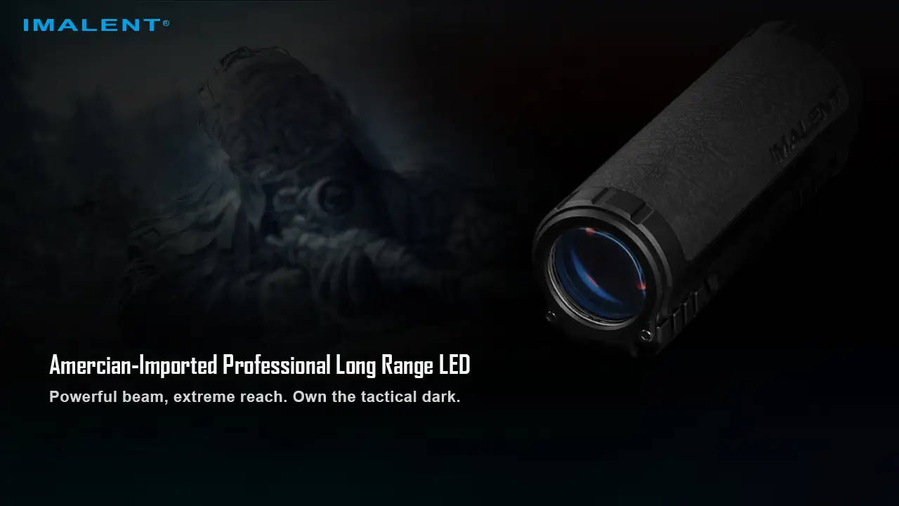 Angled view of the Imalent BTL50 flashlight, highlighting its Amercian-Imported Professional Long Range LED.