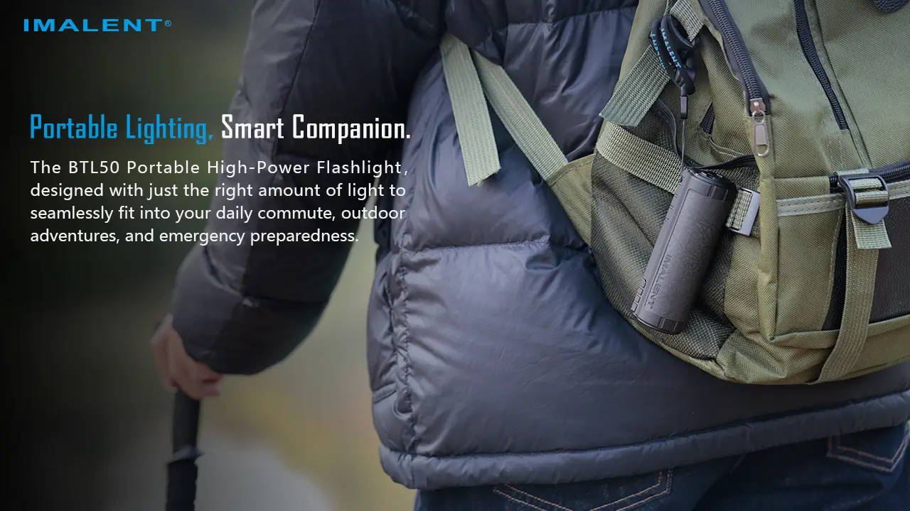 Imalent BTL50 portable flashlight attached to a backpack, highlighting its convenience for outdoor adventures and daily use.