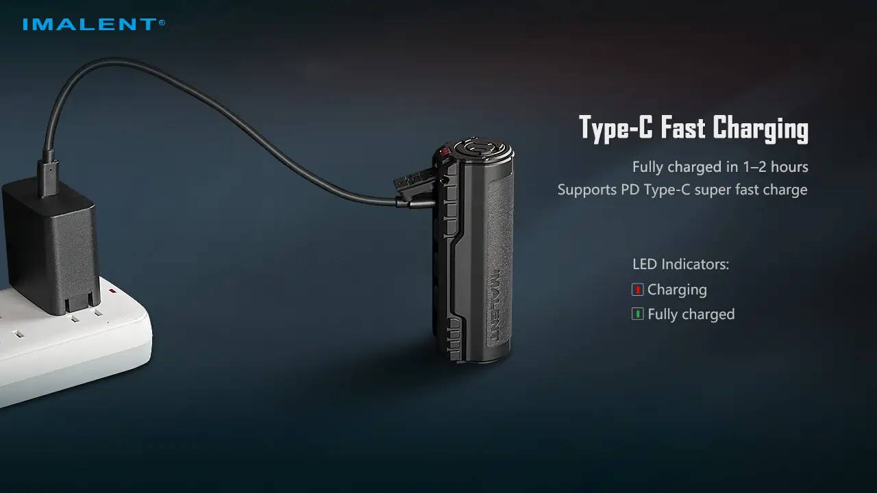 Imalent BTL50 flashlight charging via Type-C cable, showing LED indicators for charging and fully charged status.