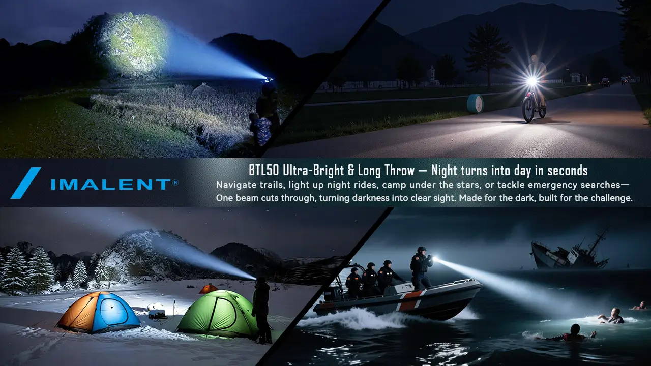 Imalent BTL50 ultra-bright flashlight in various outdoor uses: hiking, cycling, camping, and marine rescue.