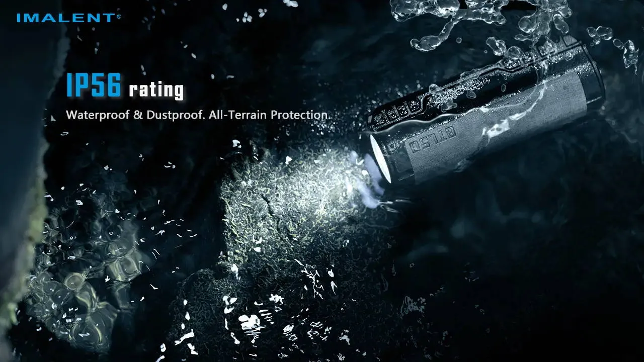 Imalent BTL50 flashlight submerged in water, highlighting its IP56 waterproof and dustproof rating.