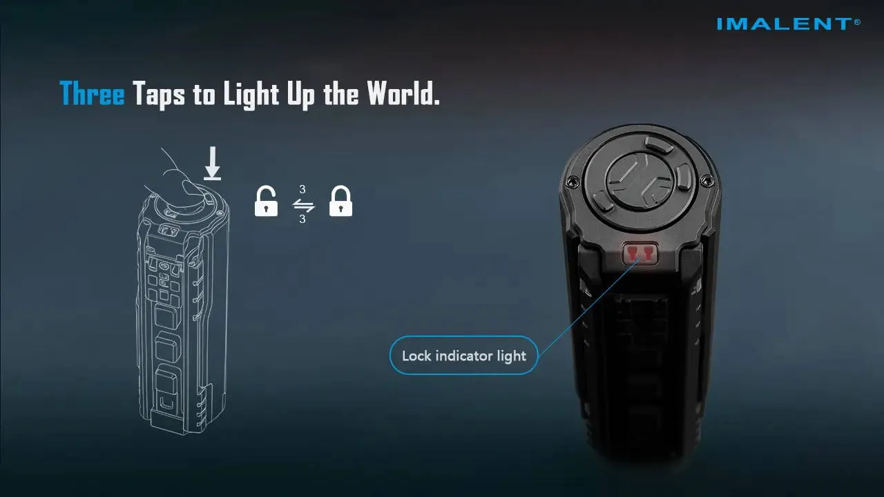 Diagram showing how to lock/unlock the Imalent BTL50 flashlight with three taps, highlighting the lock indicator light.