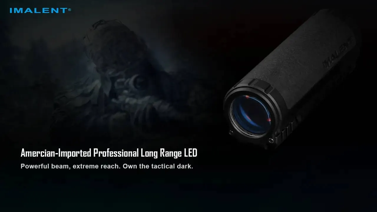 Angled view of the Imalent BTL50 flashlight body, highlighting its long-range LED and textured grip.