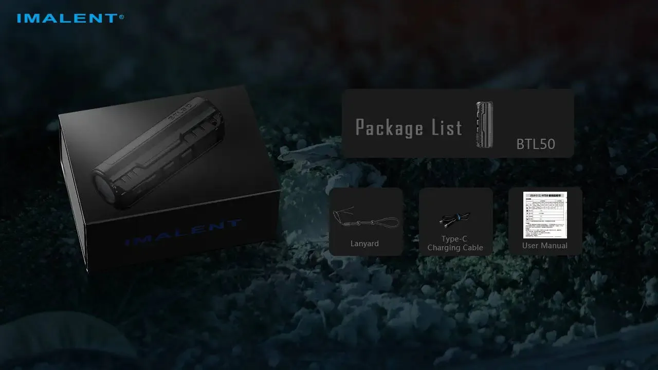 Imalent BTL50 flashlight package list, showing the flashlight, lanyard, Type-C charging cable, and user manual.