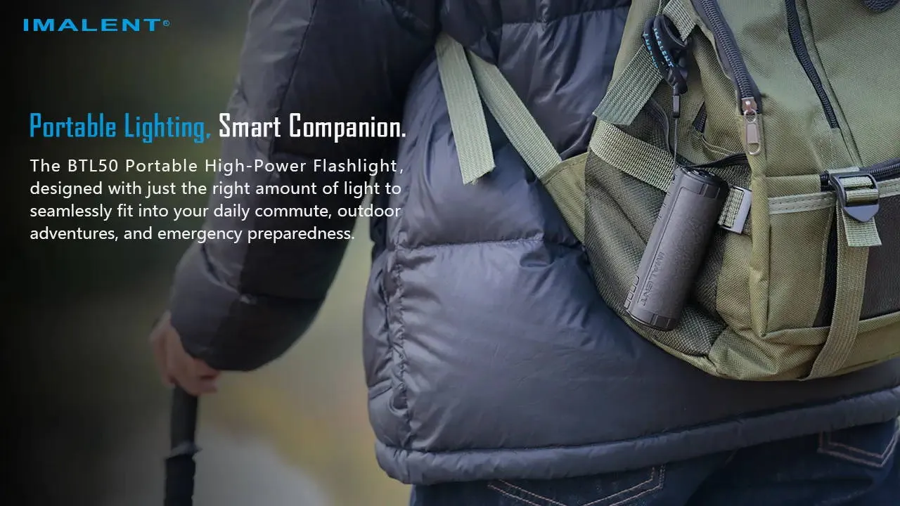 Imalent BTL50 portable high-power flashlight attached to a backpack, demonstrating its convenient carry.